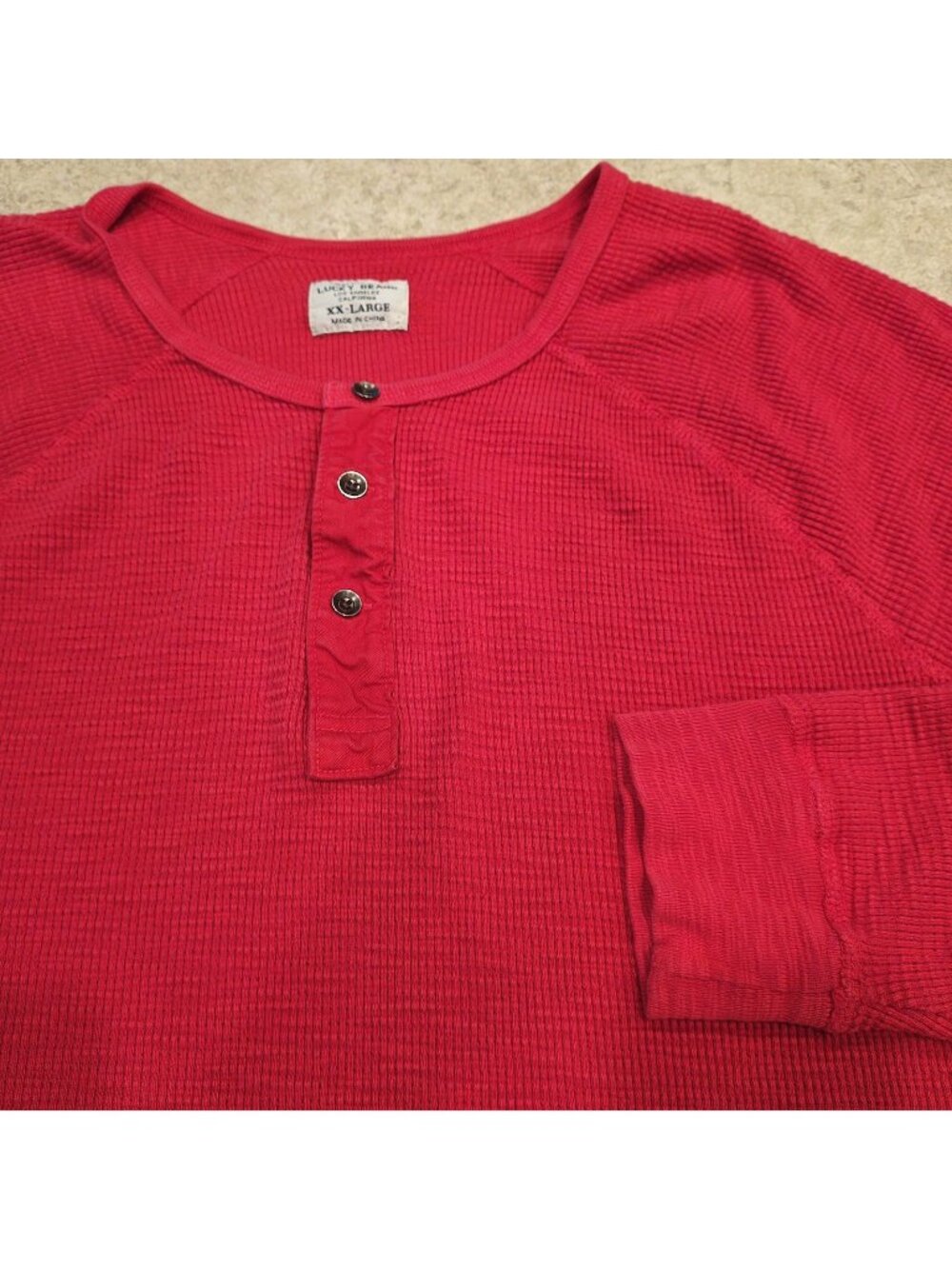 Lucky Brand Thermal Henley Shirt Y2K Mens 2XL Red Waffle Knit Long Sleeve Casual